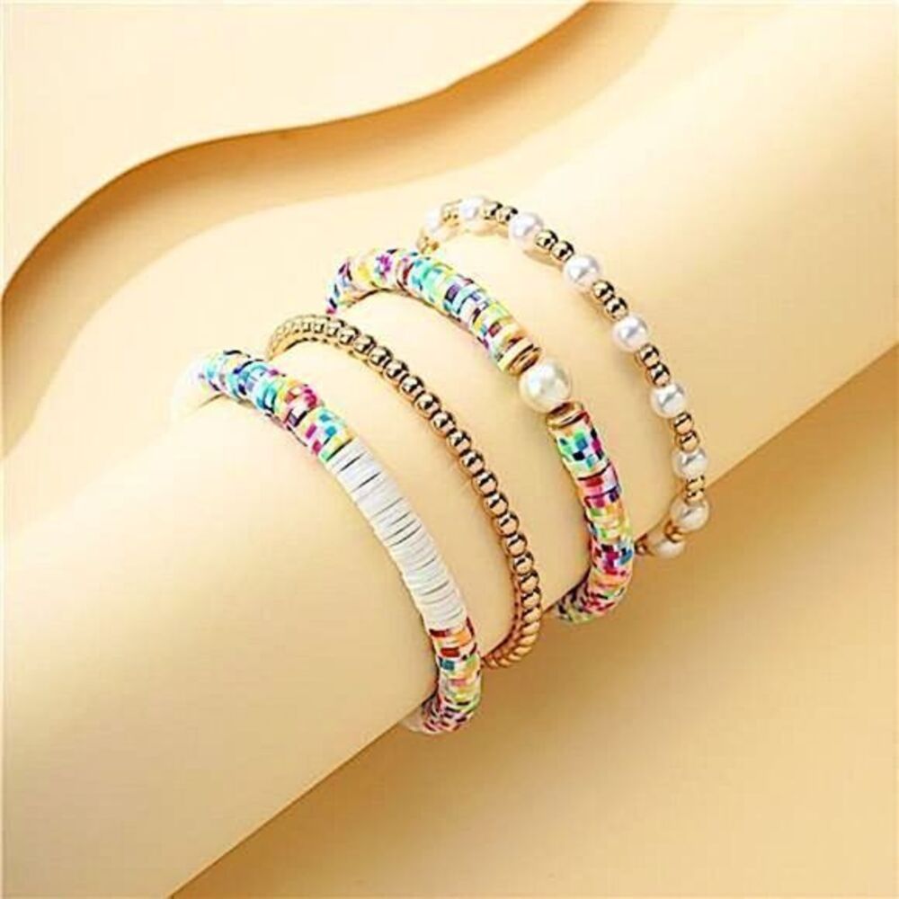 🌟Boho Colorful Clay Bead Pearl Bracelet Stack Beachy Vacation Summer Jewelry